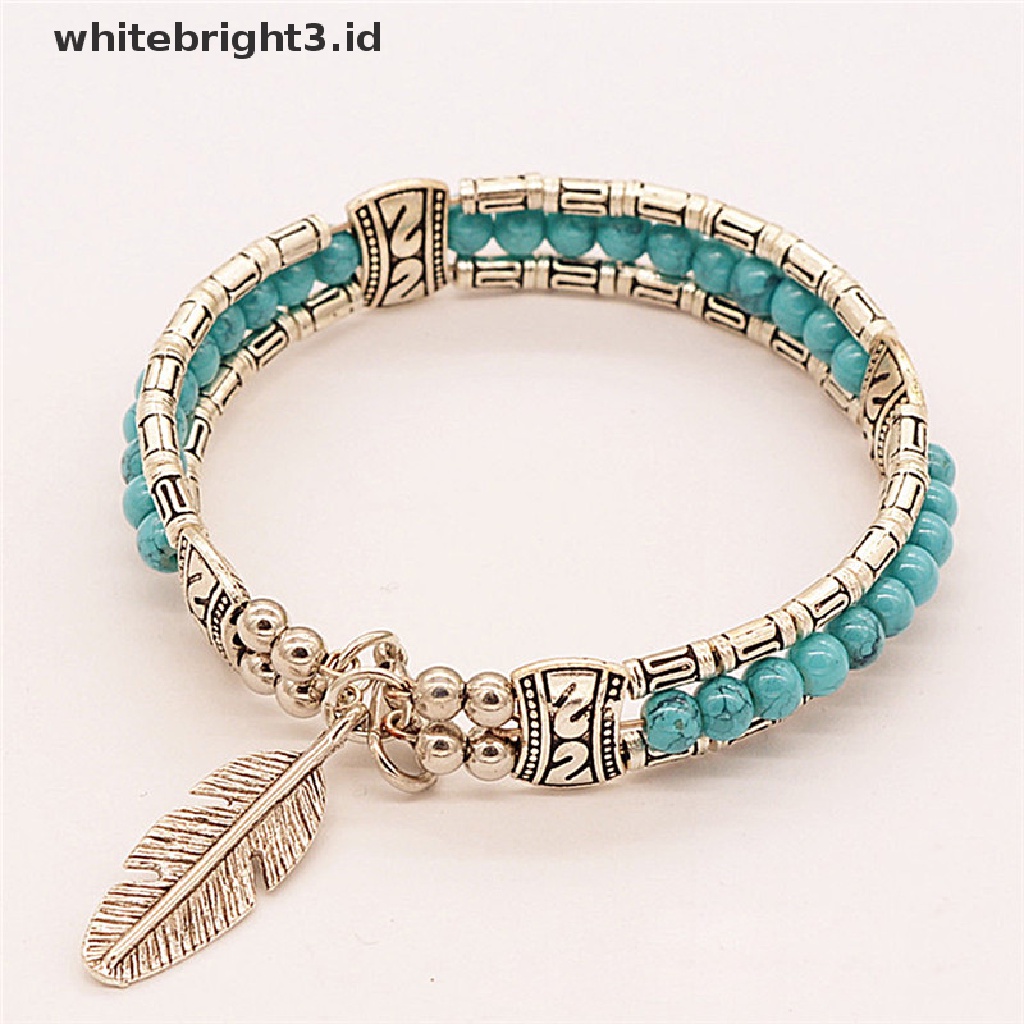 (whitebright3.id) Gelang Tangan Silver Wanita Desain Bulu Hias Turquoise Gaya Tibet / Gipsi / Vintage / Bohemia