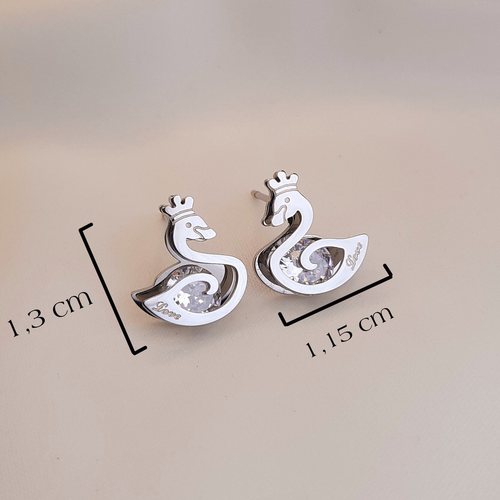 Anting Tusuk Titanium Angsa Dengan Mahkota Diamond Artifisial Warna Rosegold, Gold dan Silver
