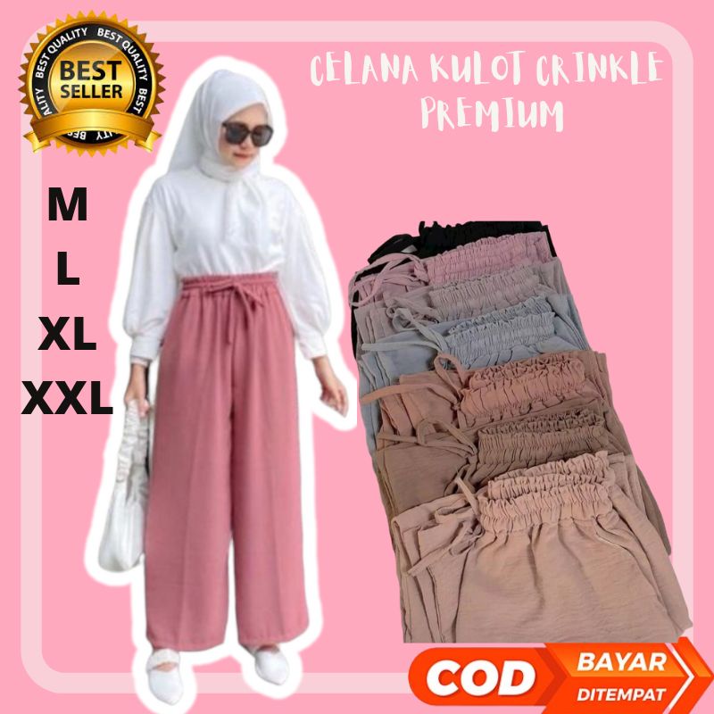 Celana kulot wanita crinkle tali depan ukuran JUMBO M/L/XL/XXL Terlaris 2022