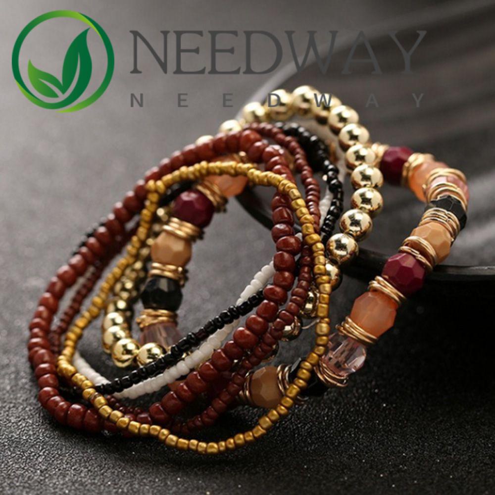 Needway  Women Bangle Cuff Boho Bracelet Silver Elastic Multi-layer Charm Fashion Beaded/Multicolor