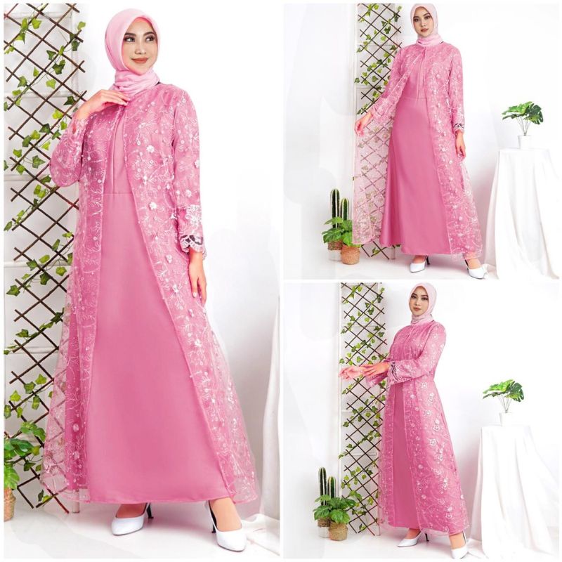Gamis Wanita Wanda/Gamis Simpel/Gamis Pesta/Moscrepe kombinasi Brukat Tile/ No Jilbab