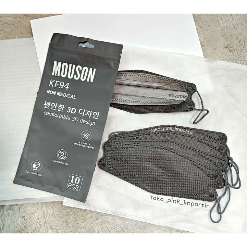 MASKER KF94 KF MOUSON PUTIH HITAM ABU 4PLY PACK ISI 10PCS | MASKER KF94 CAREION BLACK WHITE GREY | MASKER MOUSON KF94 WARNA 4PLY HITAM PUTIH ABU GREY EMBOSS | MASKER KOREA 4PLY PACK ISI 10 PACK ISI 10