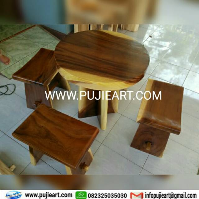 Meja Makan Bulat Minimalis, Set Meja Makan Bundar Trembesi, Meja Kopi Kayu Trembesi Minimalis