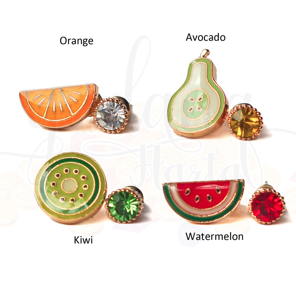 Anting Stud Korea Fruits Asimetris Orange Avocado Kiwi Watermelon Semangka Jeruk Lucu GH 203517