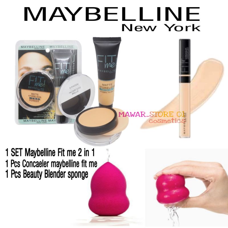 Paket maybelline kosmetik 4 in 1 Bedak Fondation Concaler Beauty spon