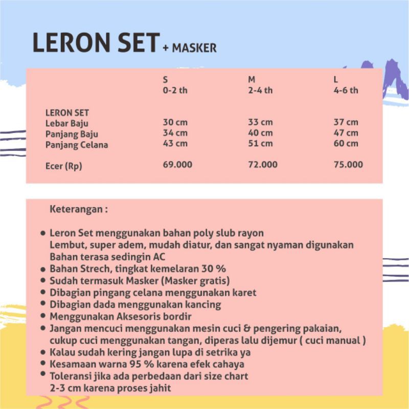 Little Aruma Leron Set Include masker ukuran M