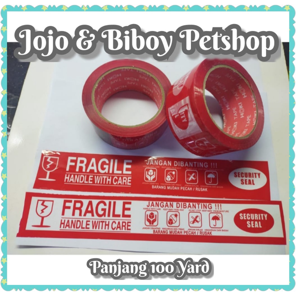 

Lakban Fragile 48mm x 100 yard Merk HOKI TAPE— 4 in 1 / Lakban Jangan dibanting Panjang 100 Yard