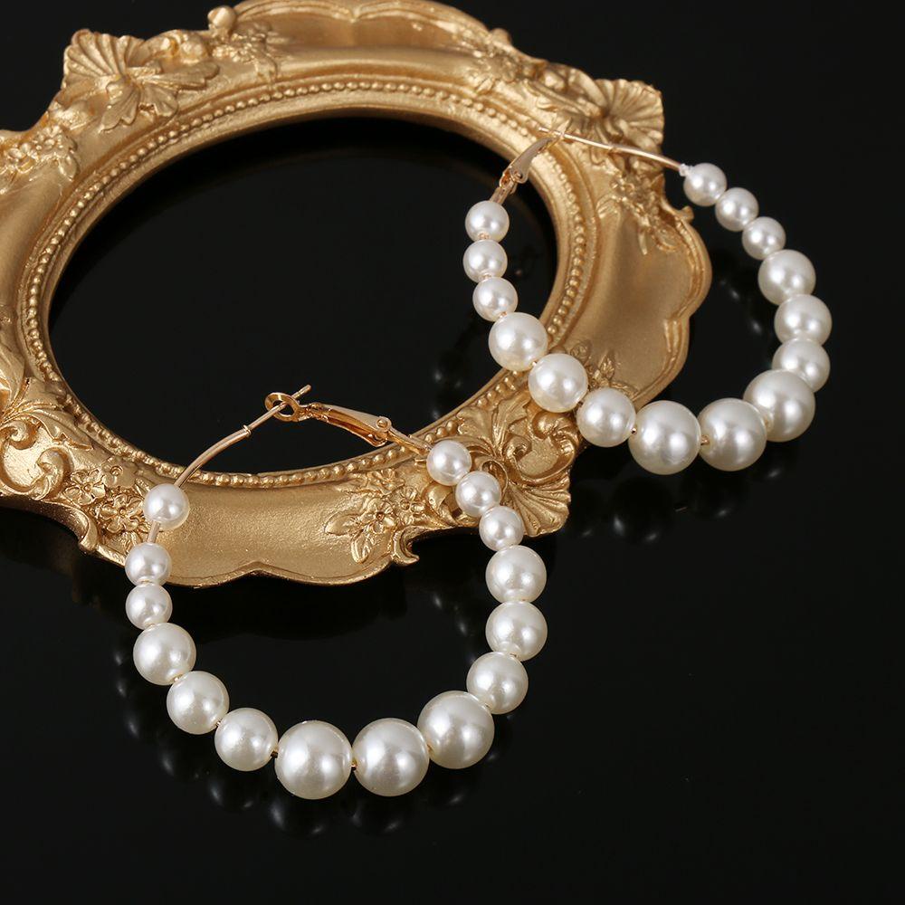 R-flower Pearl Hoop Earrings Wanita Lingkaran Besar Fashion Bentuk Bulat