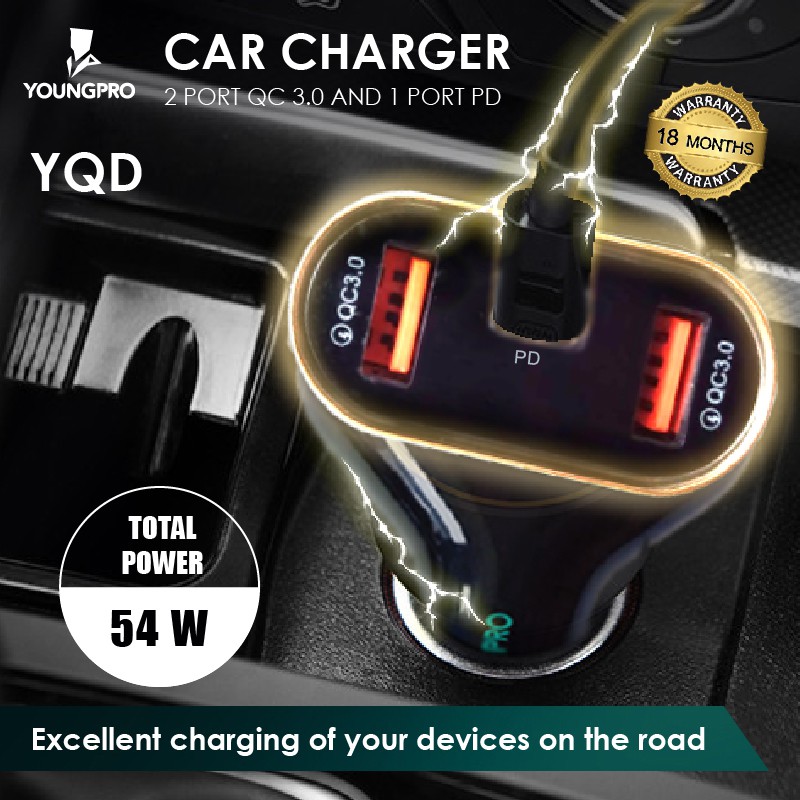 Charger Car YQD YOUNGPRO 3PORT  QUALCOMM UNIVERSAL 3.0 USB TYPE C