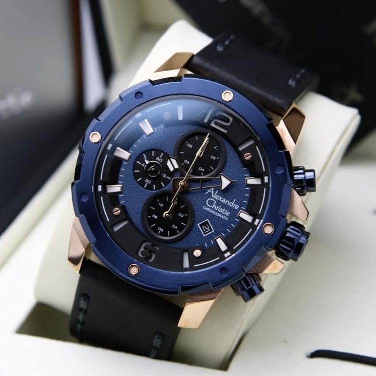 Alexandre Christie AC6410 Original Jam Tangan Pria Kulit Black Blue Rose