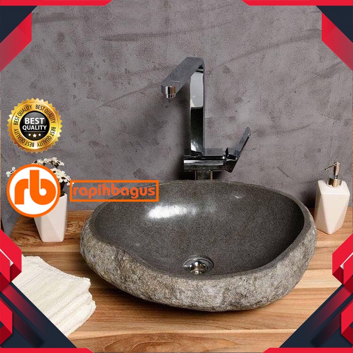 wastafel batu kali river stone 35cm model glossy natural alami untuk meja taman rumah toilet kamar m