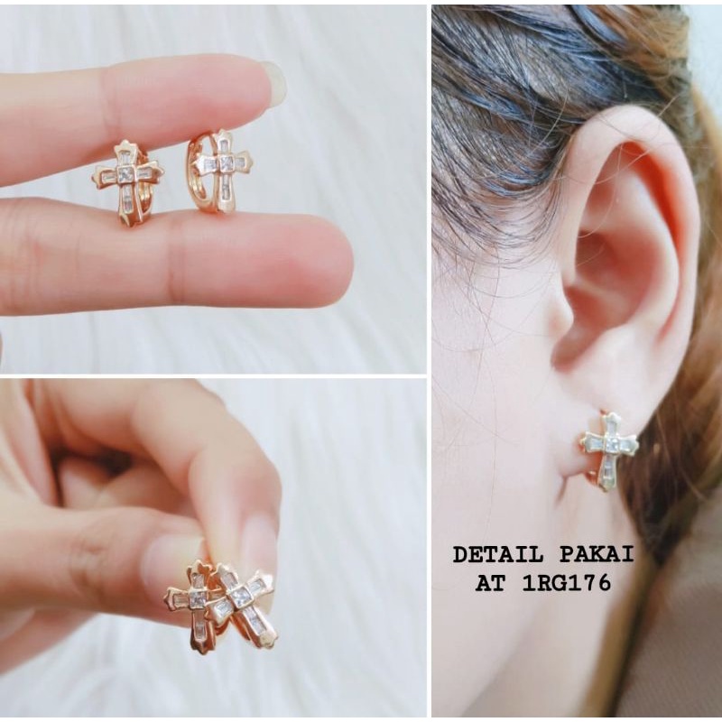 Anting Titanium Salib Permata Anti Karat Anting Klip Wanita