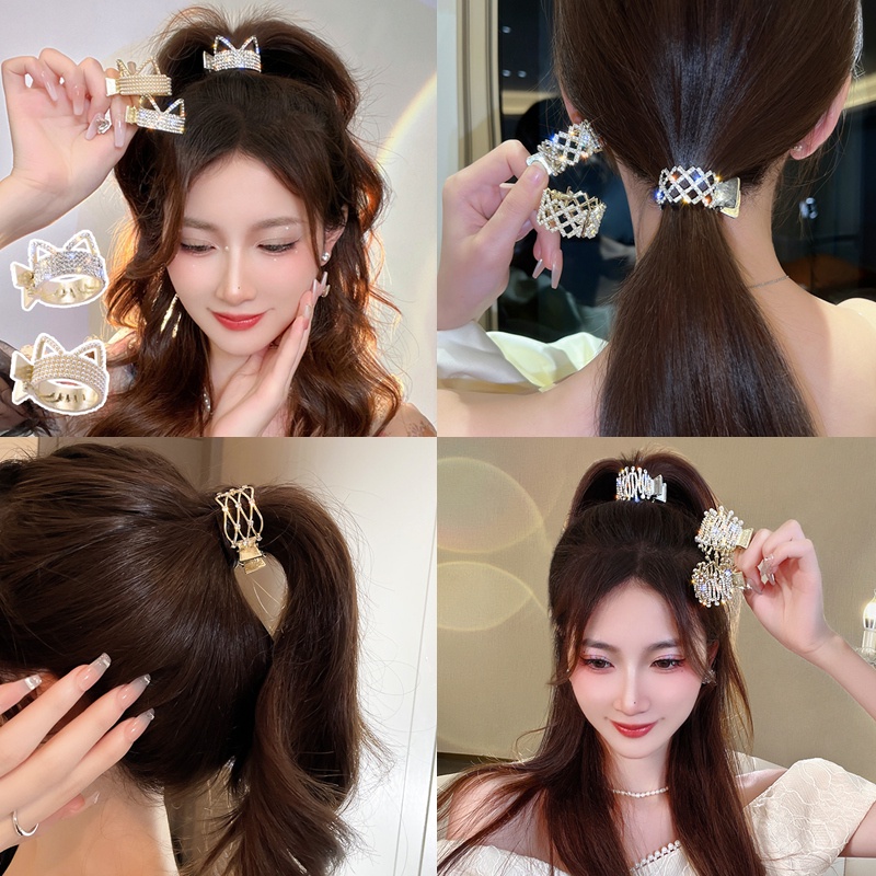 Glitter Berlian Mutiara Mahkota Jepit Rambut Wanita Ponytail Memperbaiki Klip Aksesoris Rambut Korea