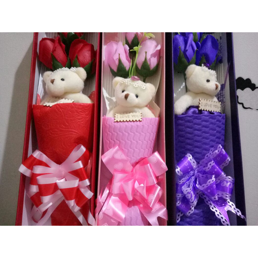 Bunga Mawar 3 Rose Flower soap + boneka beruang valentine gift Free Ongkir