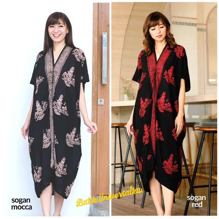 Unik Kaftan dress batik cap tradisional. Kaftan midi pendek - Pagoda - RED Limited
