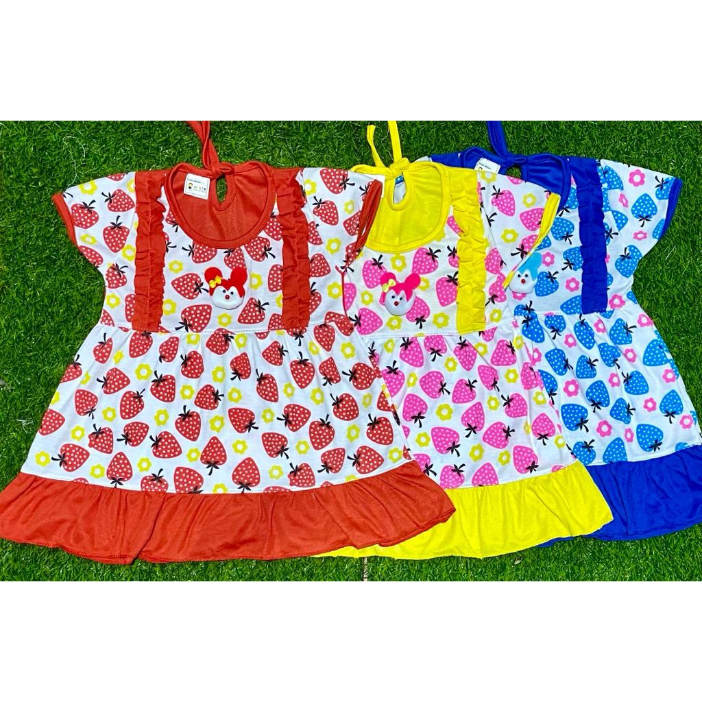 baju anak perempuan dress motif stawberry setelan 3-18bulan