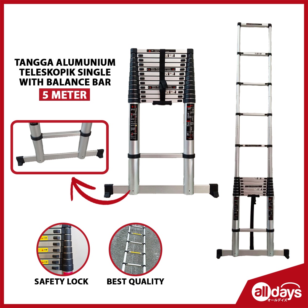 Alldays Tangga Lipat Teleskopik Single With Balance Bar 5 METER Alumunium Ladder Bahan Kuat, Praktis, Simple