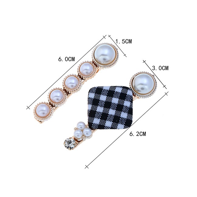 LRC Jepit Rambut Fashion Black And White Plaid Pearl Hair Clip Two-piece A5811X