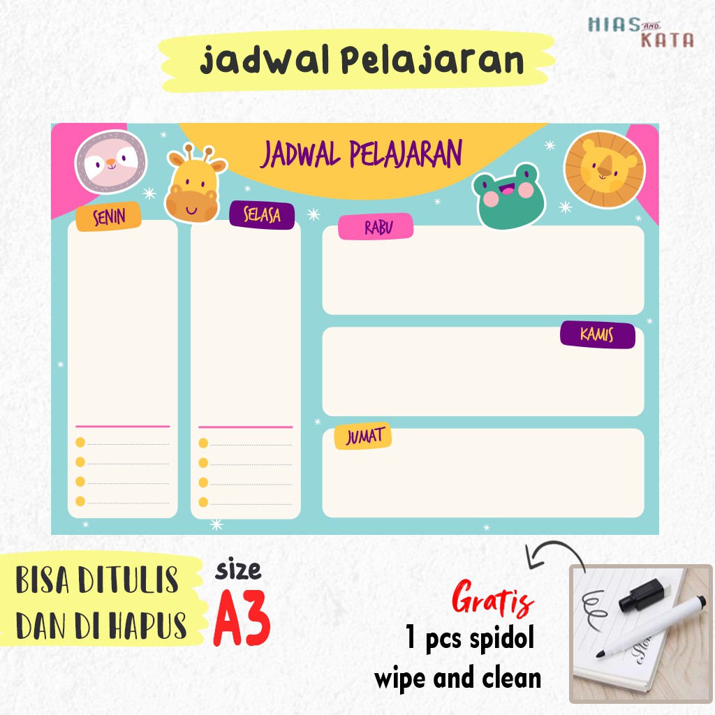

jadwal pelajaran school time table wipe & clean tema animal (gratis 1pcs spidol)