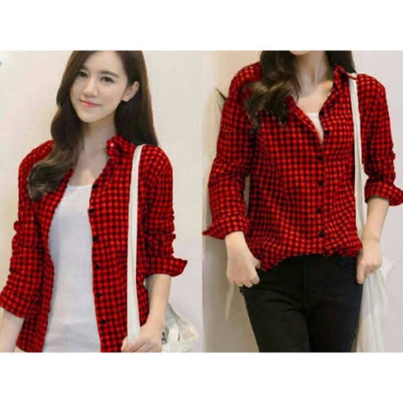 kemeja wanita kotak/blouse wanita kotak premium