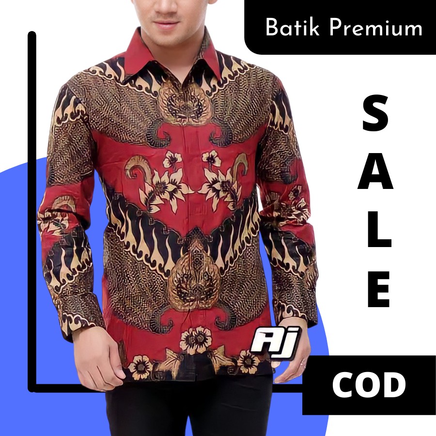 Atasan Kemeja Batik Modern Pria Lengan Panjang Warna Merah Maroon Pekalongan Batik Anak Muda Pria