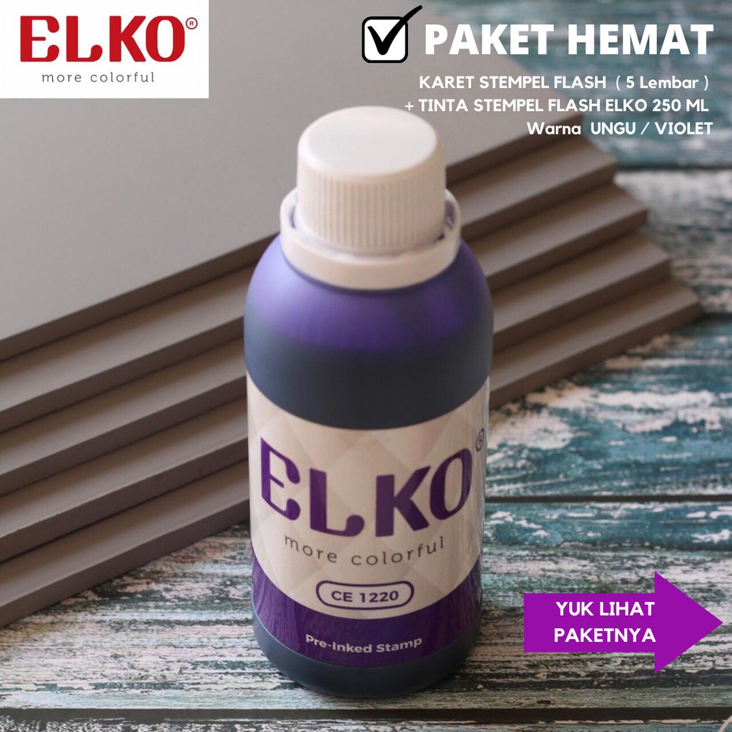 

Karet Stempel Flash 15x33x7 / (5 Lembar) + Tinta Stempel Flash ELKO 250 ML Warna UNGU / VIOLET