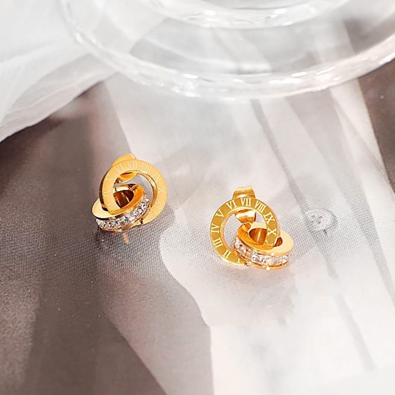 Korea Titanium Anting-Anting Anti Karat Anting Tindik Zirkon Bulat Angka Romawi Aksesoris Wanita
