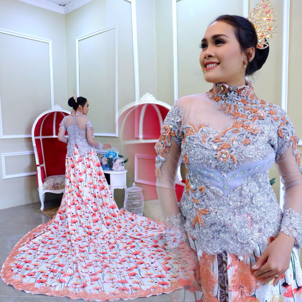 FRENCHLACE KEBAYA PENGANTIN MODEL EKOR PANJANG MOTIF BUNGA KEBAYA PAYET  JEPANG