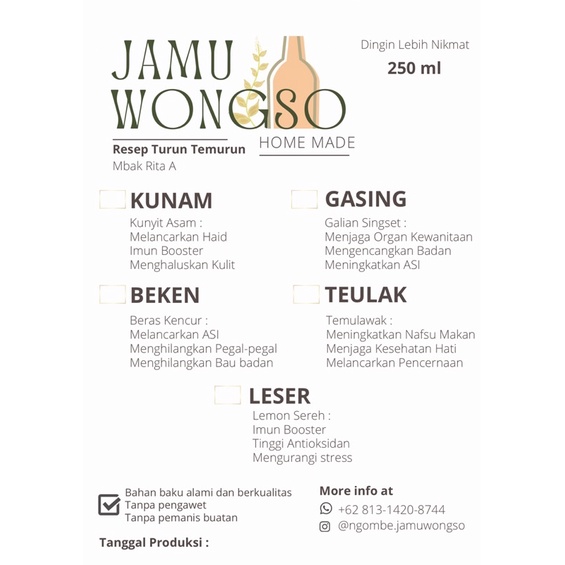 

Jamu Wongso | Jamu Kunyit asam, Beras kencur, Temulawak, Beras Kencur, Lemon sereh