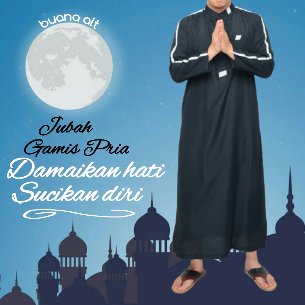 Jubah Gamis Pria Baju Gamis Pria Laki Laki Dewasa Hitam Lengan Panjang Lis Putih