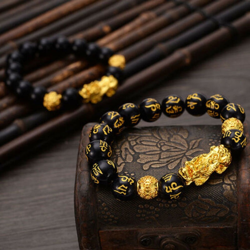 Gelang Manik-Manik Batu Obsidian Feng Shui Bahan Alloy Untuk Unisex