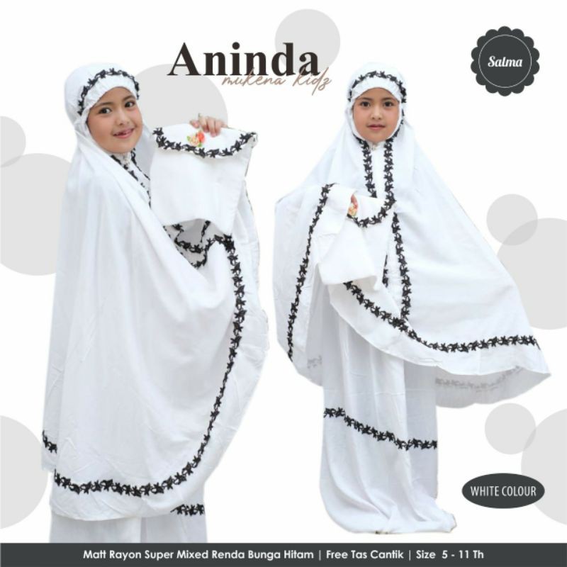 aninda mukena wana white  - mukena kids putih - mukena kids motif lucu free tas
