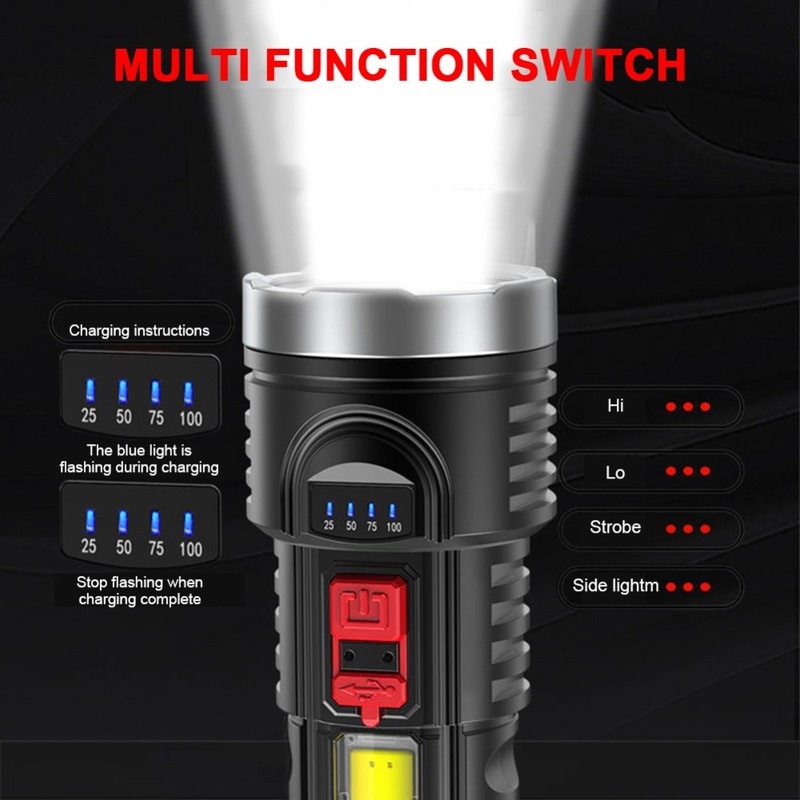 (High Quality High Quality Lampu Senter Led Cob Darurat 4 Mode Lumen 200m (500M) Dengan Port Charger Usb