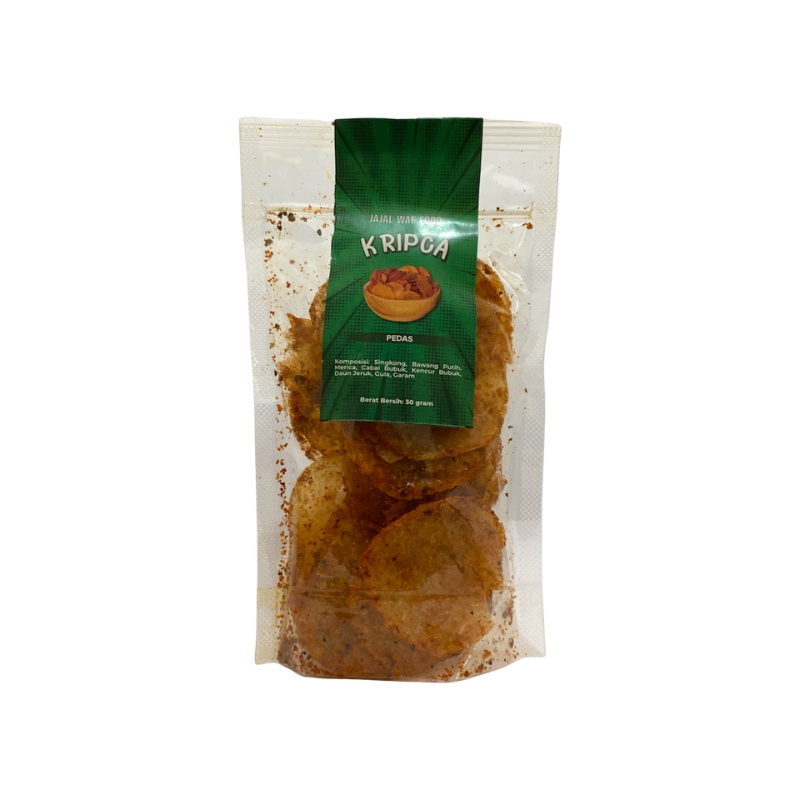 

kripik kaca pedas daun jeruk. keripik kaca kemasan standing pouch 50 gram