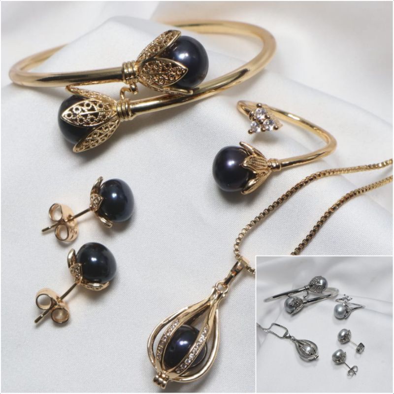 Mutiara lombok|Set rhodium mutiara asli|Set mutiara tawar|perhiasan mutiara lombok|Perhiasan pesta