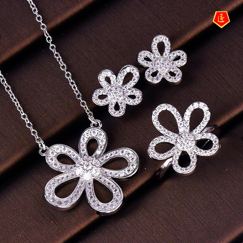 [Ready Stock]Flower Necklace Set Full Diamond Opening Rings Ear Studs