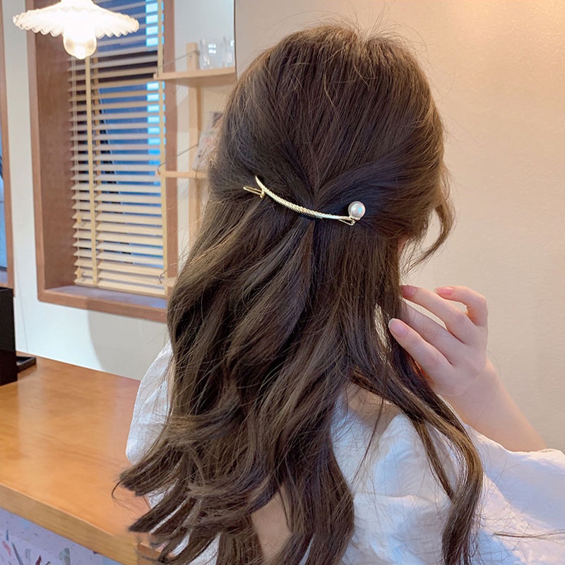 Jepit Rambut Model Melengkung Aksen Mutiara Gaya Korea Untuk Wanita