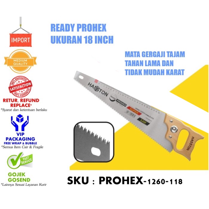 Gergaji gagang kayu papan manual tangan 18inc Hasston Prohex 1260-118