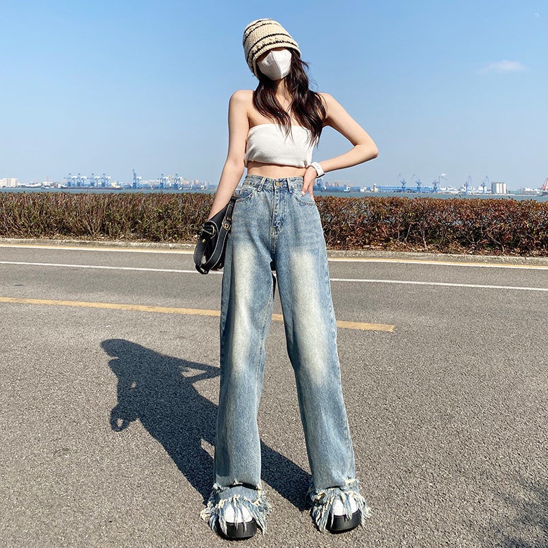 Red celana jeans wanita spring and autumn street leg ripped raw edge jeans wanita high waist straight wash old slim pants