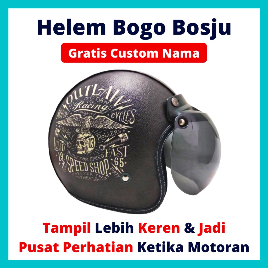 HELM BOGO RETRO KULIT WANITA DEWASA KACA DATAR CLASSIC MOTIF RACING HITAM BLACK - HELEM BOGO BOSJU