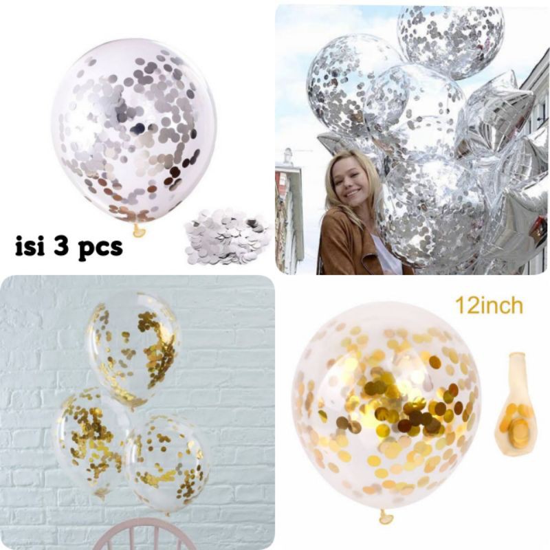 balon confetti gold silver isi 3 pcs 12 inch balon bening manik manik