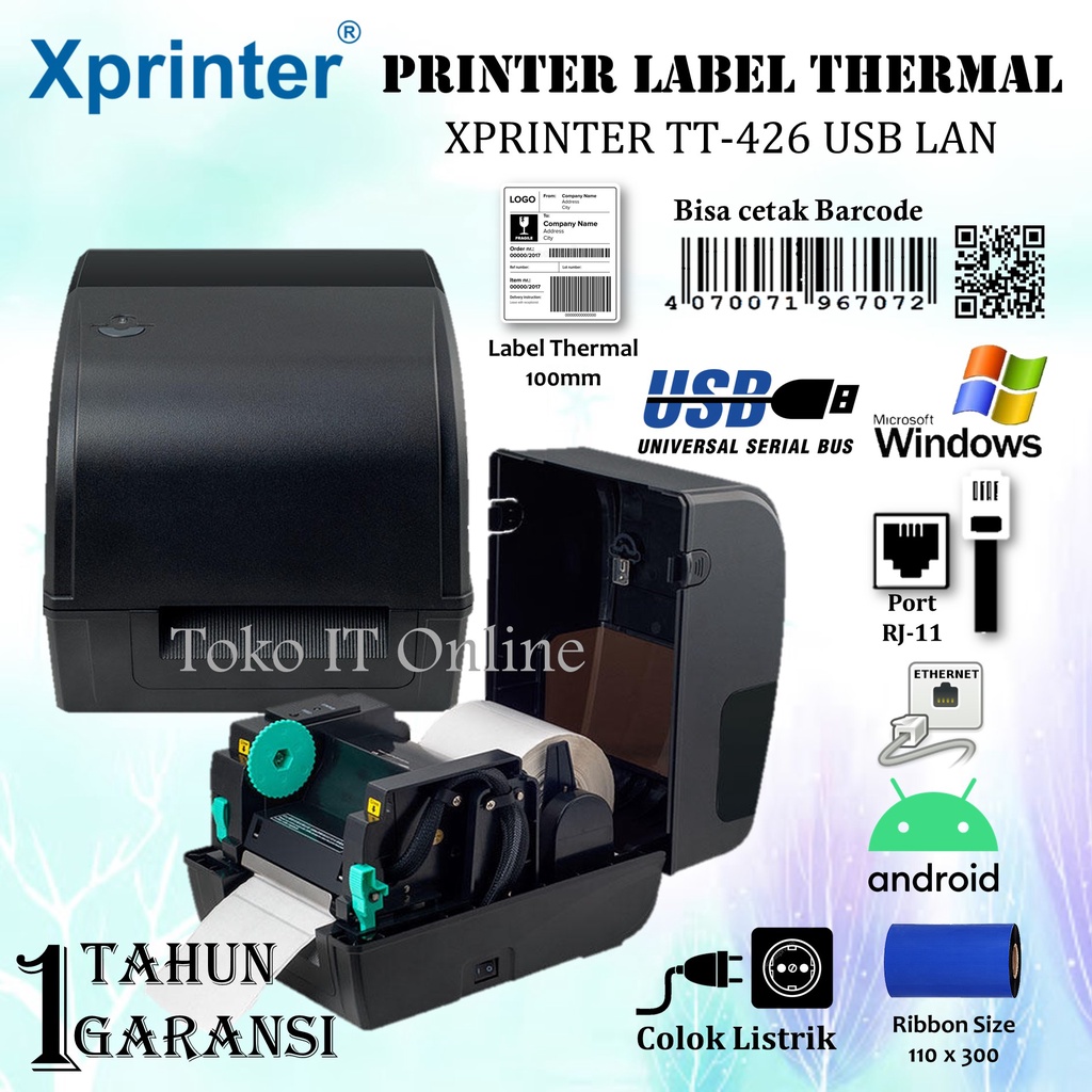 XPRINTER TT 426B PRINTER LABEL THERMAL BLUETOOTH 100MM TT426B A6 RIBBON LABEL BARCODE HARGA RESI