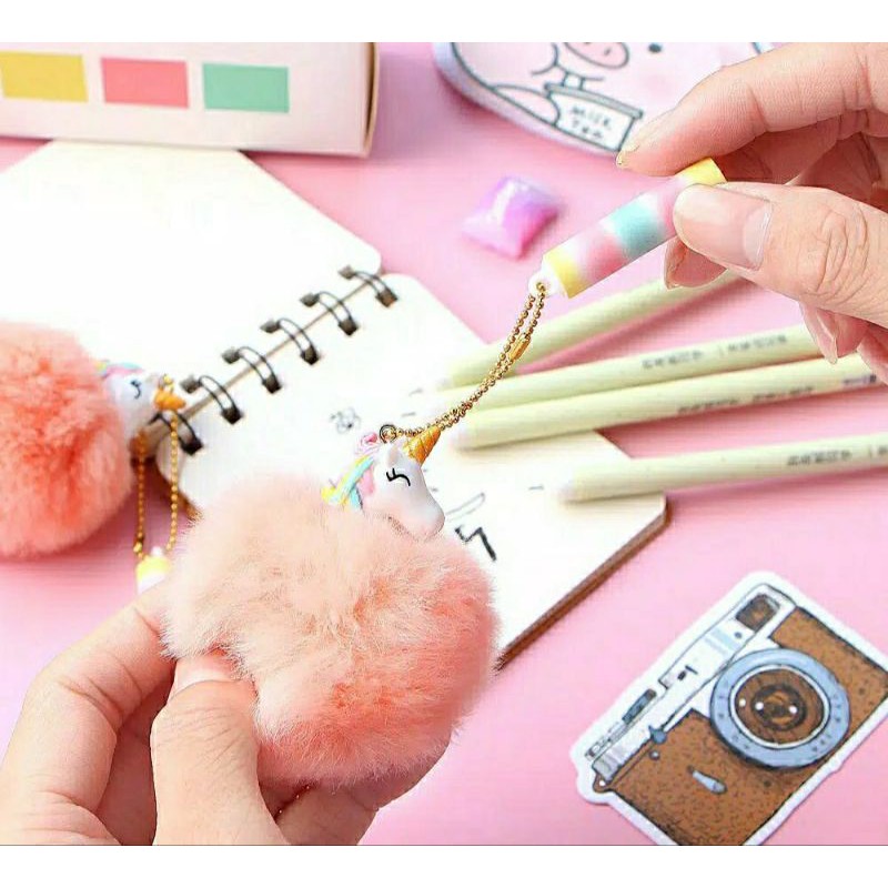 pen pena pulpen gel unicorn pompom bulu bagus lembut sekolah pensil alat tulis korea
