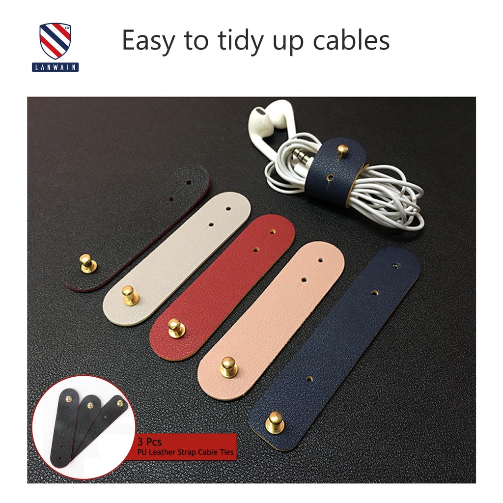 Lanwain 3 Pcs PU Leather Strap Cable Ties  Pelindung Kabel