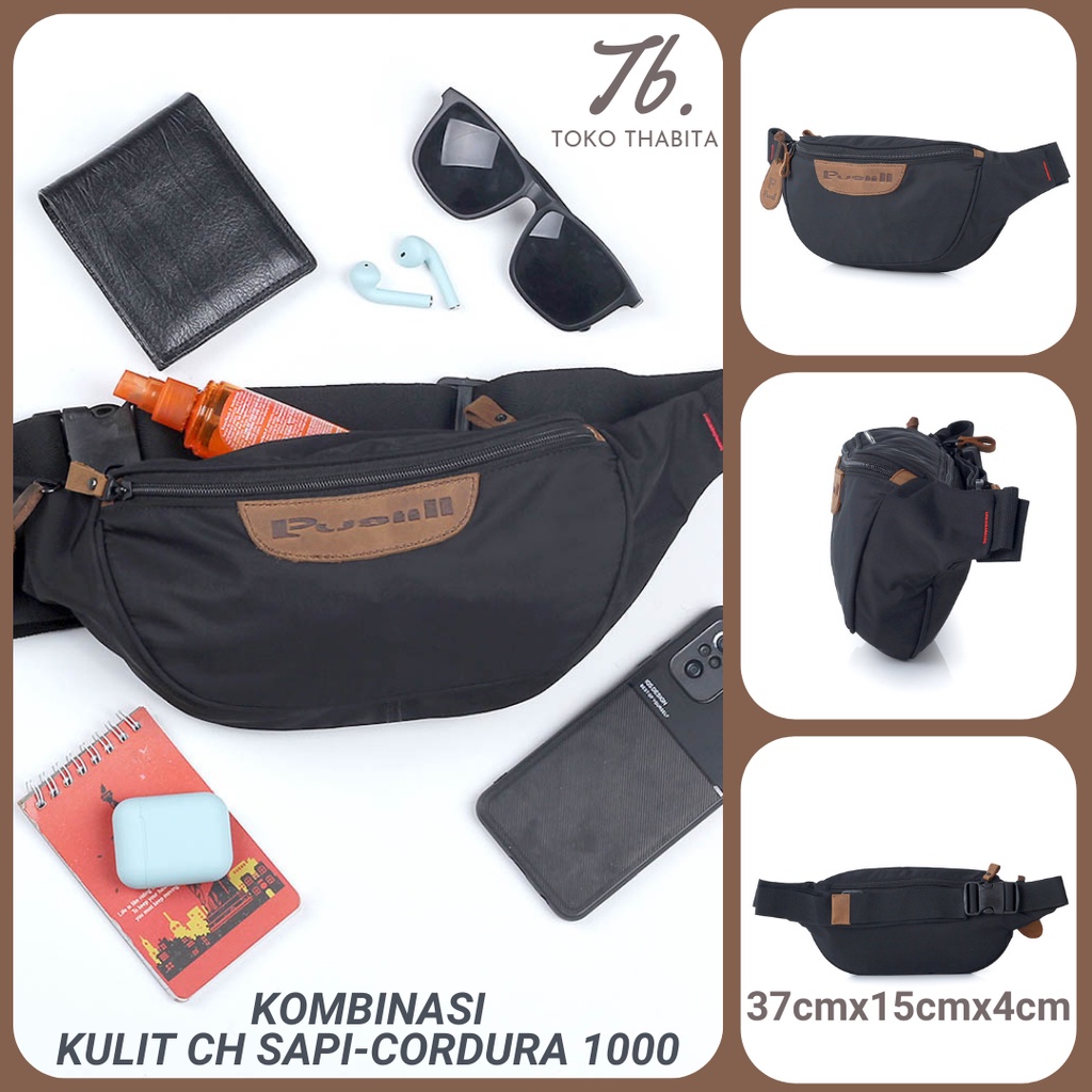 Tas Pinggang Pria Pusiill Original Waist Bag Kombinasi Kulit CH Sapi-Cordura-Tourin Waistbag