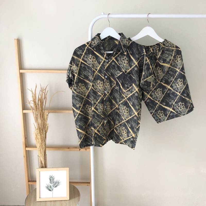 hirafa - One Set Setelan Atas Bawah Full Kancing / Baju Santai Tie Dye / Baju Wanita Pria-Persegi - Forest