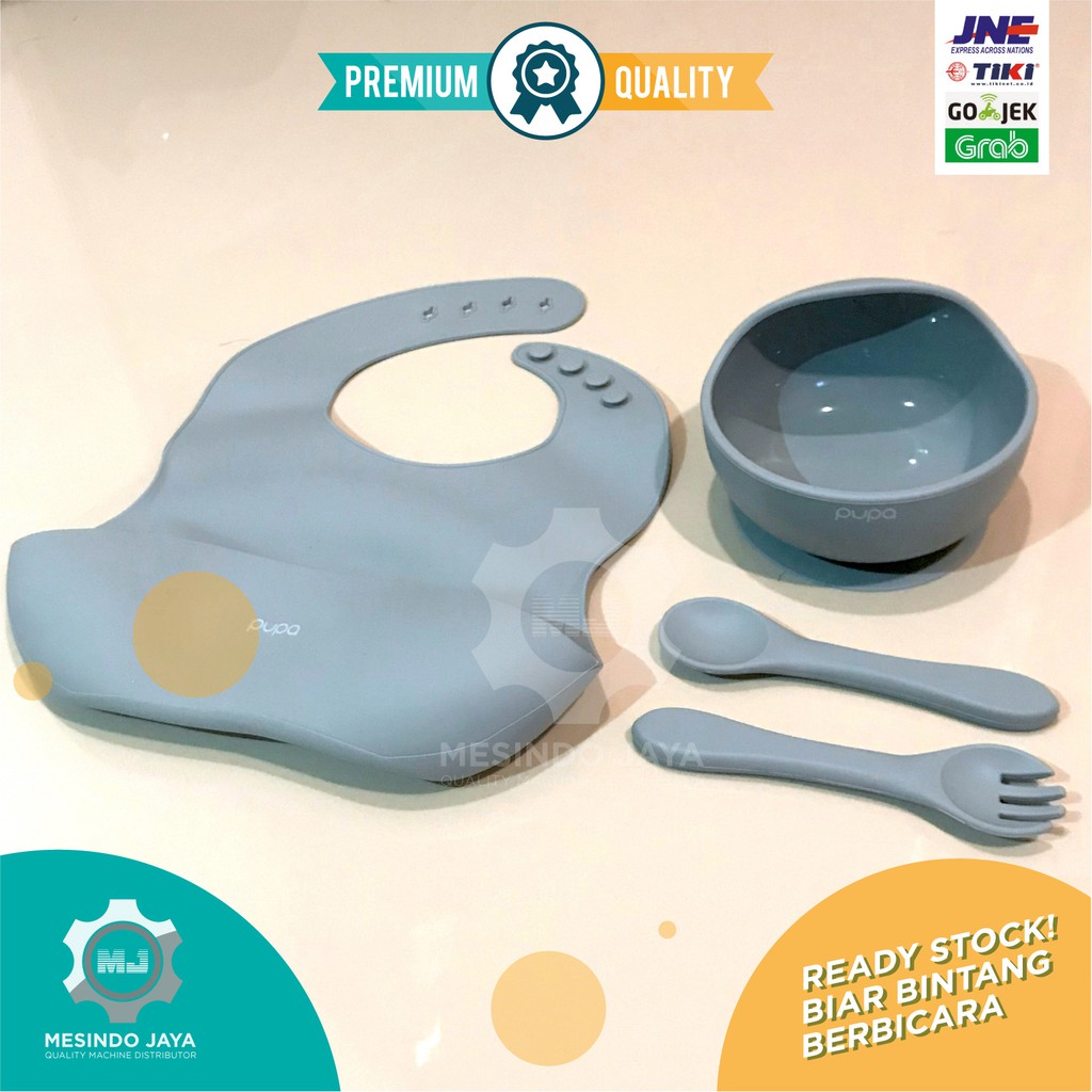 Alat Makan Bayi Silikon BIB, Sendok &amp; Garpu Silicon, Mangkuk / Perlengkapan Makan Bayi Baby Set PUPA