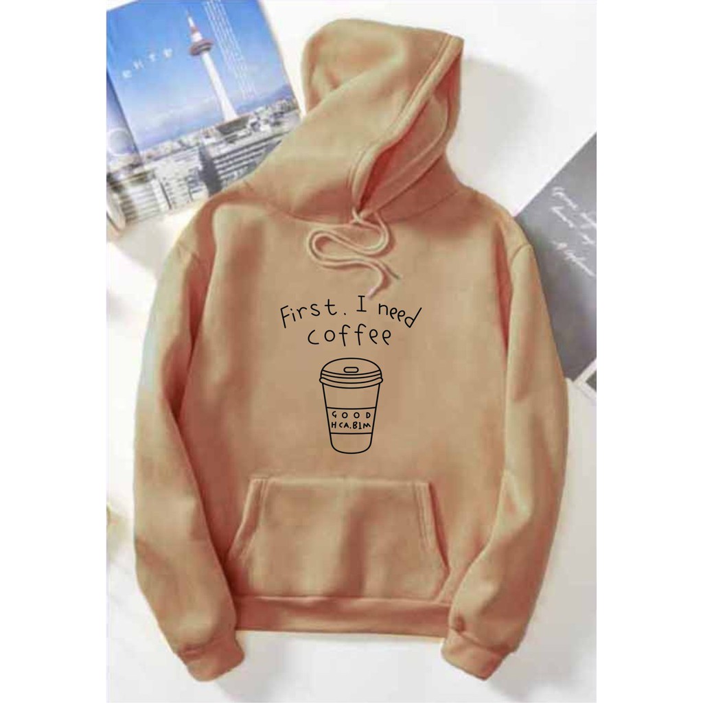 FenishaStore Sweater Hoodie Kantong Depan First I Need Cofee Bisa Bayar Ditempat COD