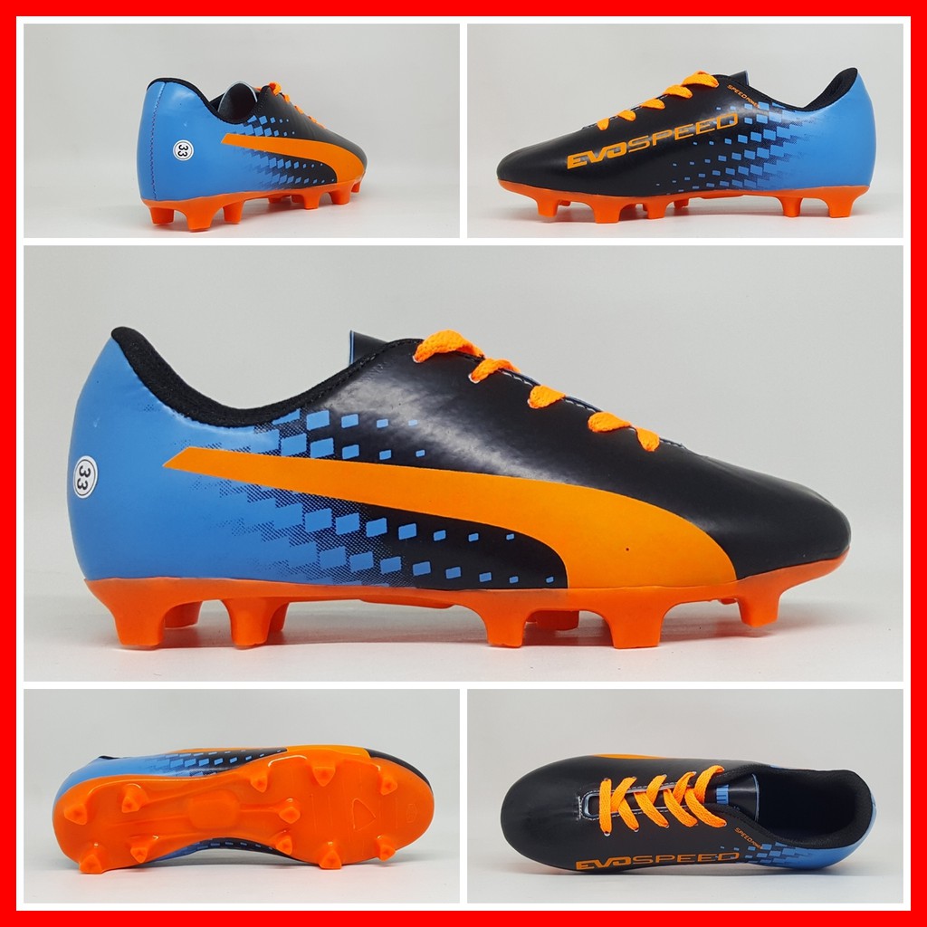 Sepatu Sepak Bola Anak Puma Evospeed Hitam List Biru Orange Kids