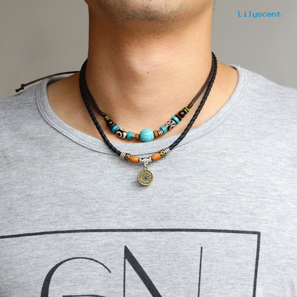 Kalung Choker Multilayer Dengan Liontin Koin Manik-Manik Turquoise Imitasi Untuk Pria